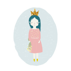 Cute little princess with gold glitter crown and camomile bouquet. Vector hand drawn illustration.