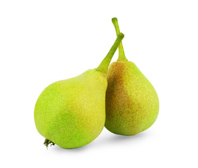 Whole and half pears on a white background