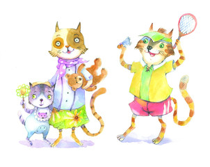 Cats, family, watercolor illustration