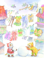 Winter game, watercolor illustration