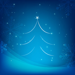 Blue Christmas background with modern white Christmas tree and snow flakes 