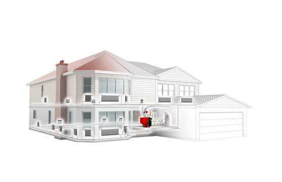 private house heating system building concept 3d render on white no shadow