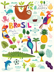 Cartoon vector illustration with funny cute brazilian animals