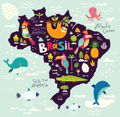 Map of Brazil with cartoon symbols