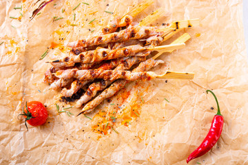Fresh and crispy rustic pork belly grill sticks