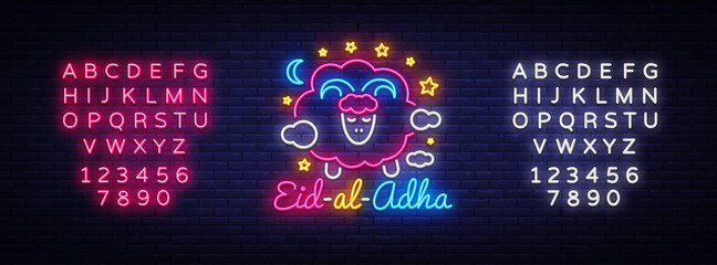 Muslim holiday Eid al-Adha holiday vector illustration. Eid al-Adha Mubarak neon sign design template, modern trend design. Graphic design decoration Kurban Bayram. Vector. Editing text neon sign