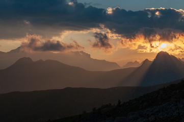 Sunset at the Passo di Giau, in the Italian Dolomites, on a late July evening.
