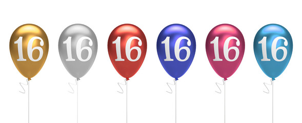 Number 16 birthday balloons collection gold, silver, red, blue, pink. 3D Rendering