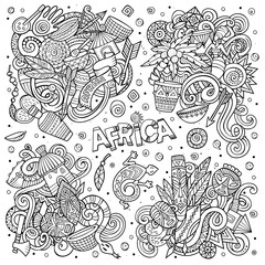 Vector hand drawn doodles cartoon set of Africa combinations of objects