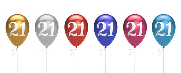 Number 21 birthday balloons collection gold, silver, red, blue, pink. 3D Rendering