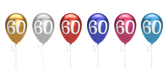 Number 60 birthday balloons collection gold, silver, red, blue, pink. 3D Rendering