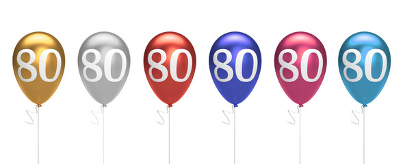 Number 80 birthday balloons collection gold, silver, red, blue, pink. 3D Rendering