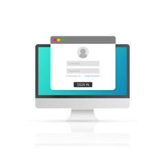 Login page on computer screen. Notebook and online login form, sign in page. User profile, access to account concepts.  Vector illustration.