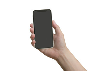 close up hand hold phone isolated on white, mock-up smartphone white color blank screen