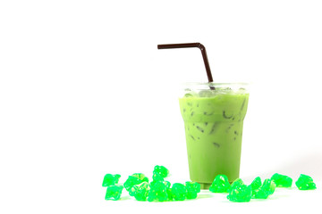 Ice green tea in glass on white background