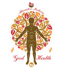 Vector graphic illustration of strong male composed with autumn tree leaves and mortar and pestle. Raw food diet concept, no gm theme.