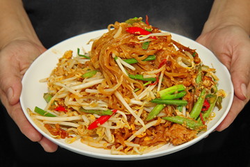 Thai fried local Korat  noodle with cube tofu and minced pork, call Pad Tai Mee Korat in Thai