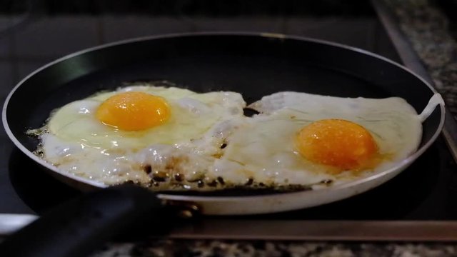Two eggs being fried on the frying pan