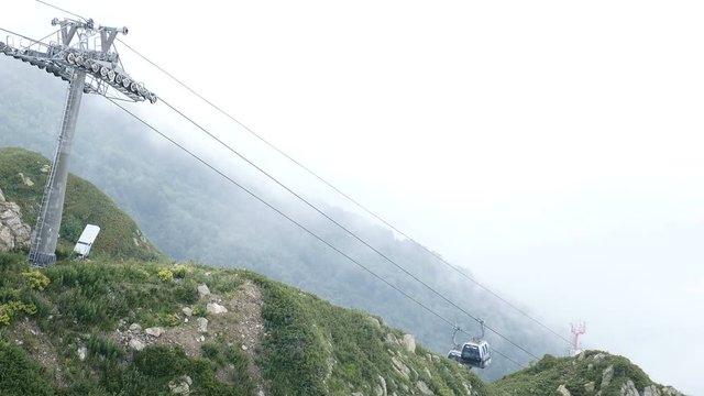 Sochi, Roza Khutor in summer time. funicular or cable-railway in mountains. long shot