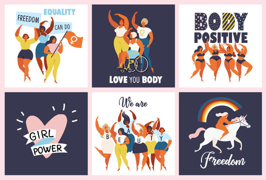 Feminism body positive cards with love to own figure, female freedom, girl power isolated vector illustration