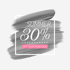 Summer Sale 30% off sign over watercolor art brush stroke paint abstract background vector illustration. Perfect acrylic design for a shop and sale banners.