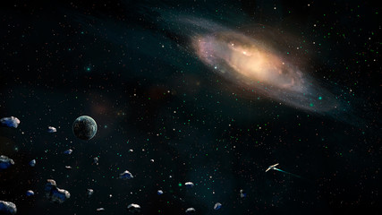 Space scene. Earth planet with galaxy, asteroids and spaceship. Elements furnished by NASA. 3D rendering