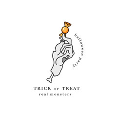 Vector illustration of severed zombie hand holding the candy. Happy Holloween party card with typography. Trick or treat quote.