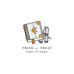 Vector illuatration spell book. Happy Halloween party celebration. Grimoire. Holiday badge on white background.
