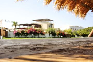 Summer photo of beach bar and desk of free space for your decoration. 