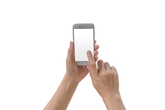 Smartphone in female hands taking photo isolated on white blackground