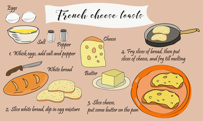 Step by step recipe of French cheese toasts. Vector illustration.