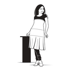 black and white girl standing in Kurta dress vector drawing
