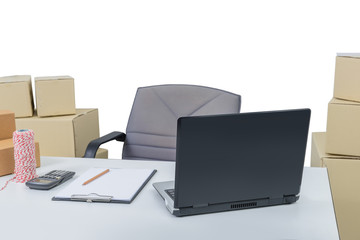 Desks and office equipment, computer laptop. business and online order shipping supplies, Delivery and package.