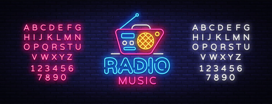 Radio Music Neon Logo Vector. Radio Night neon sign, design template, modern trend design, Radio neon signboard, night bright advertising, light banner, light art. Vector. Editing text neon sign