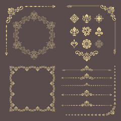 Vintage set of vector horizontal, square and round elements. Different elements for design, frames, cards, menus, backgrounds and monograms. Golden patterns. Set of vintage patterns, brown, yellow