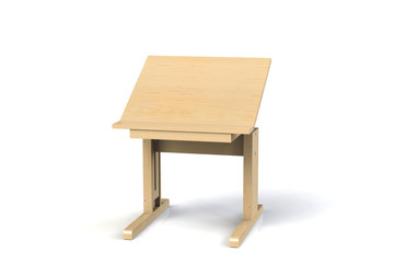 Children's small wooden table. School desk with adjustable height on a white background. Isolated.