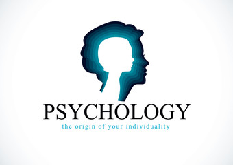 Fototapeta na wymiar Psychology vector logo created with woman head profile and little child girl inside, inner child concept, origin of human individuality and psychic problems. Psychotherapy and psychoanalysis concept.