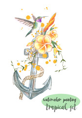 anchor Hummingbird/ Watercolor tropic drawing, greenery palm tree, tropic green texture, exotic flower. Aloha collection