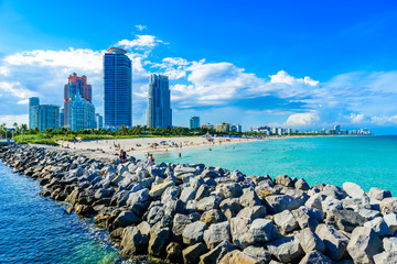 South Pointe Park and Pier at South Beach of Miami Beach. Paradise and tropical coast of Florida. USA.