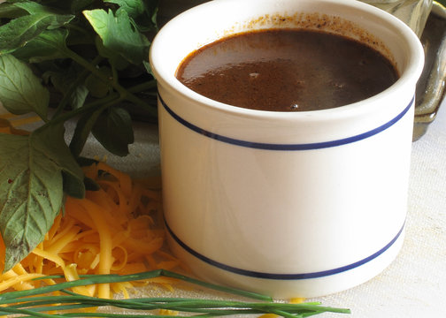Homemade Red Enchilada Sauce In A Crock, Ready To Serve