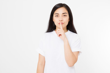 Shh hush sign. Young asian woman isolated on white background in blank summer t shirt. Copy space....