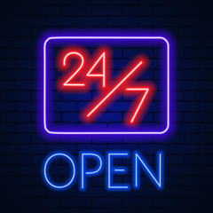 Neon sign 24 7 on brick wall background.