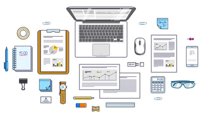 Office employee or entrepreneur work desk workplace with PC notebook and analytics papers with graphs and data and stationery objects on table. All elements are easy to use separately. Vector.