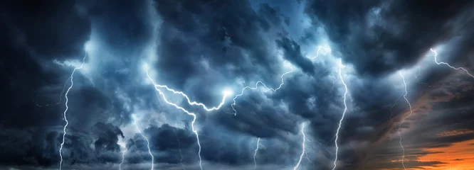 Tuinposter Bliksem onweer flits over de nachtelijke hemel. Concept over onderwerp weer, rampen (orkaan, tyfoon, tornado, storm) © Tryfonov