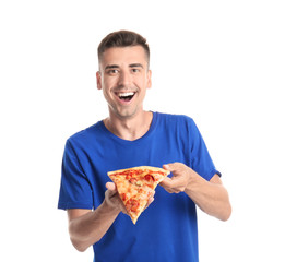 Handsome young man with delicious pizza on white background