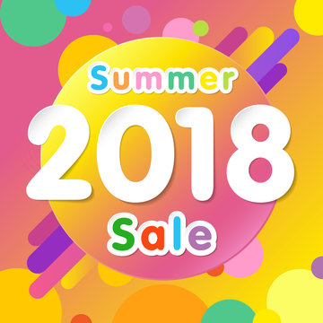 Summer sale 2018 background with flat dynamic circle design. Special offer modern yellow colored memphis for posters, flyers and banner designs. Vector illustration
