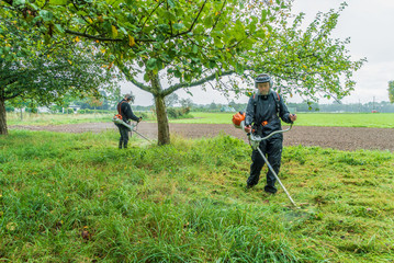 Men with brushcutter at work on a meadow