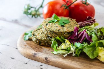 Vegetarian food Wheat Gluten Steaks with spinach