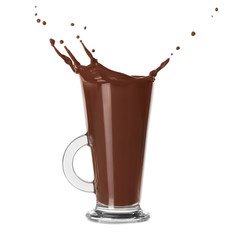 Splash of cocoa in glass cup on white background