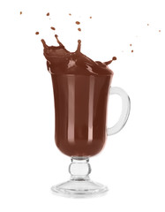 Splash of cocoa in glass cup on white background